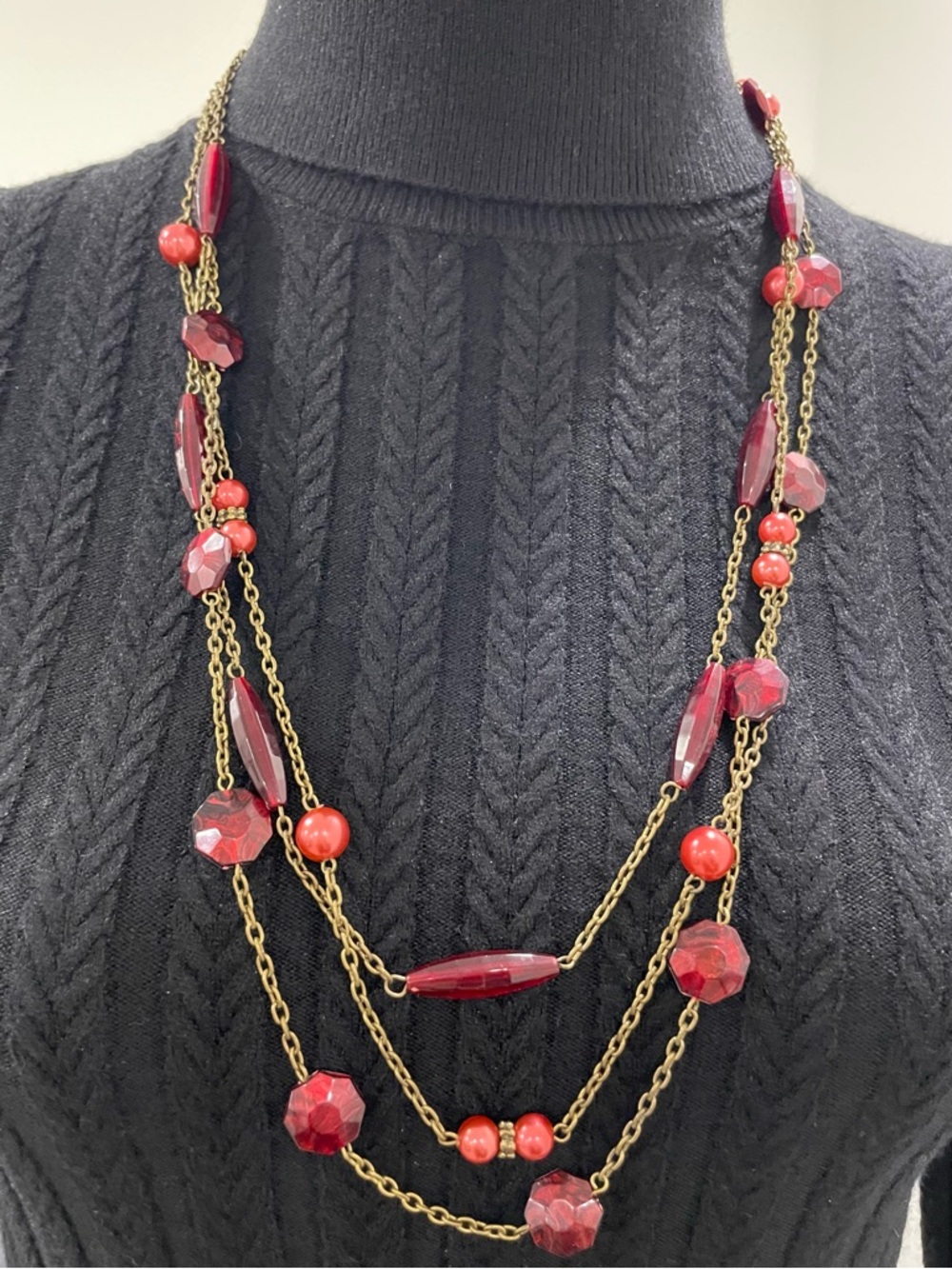 Three-Strand 14" Necklace with Garnet-Coloured Beads and Antique-Look Chain